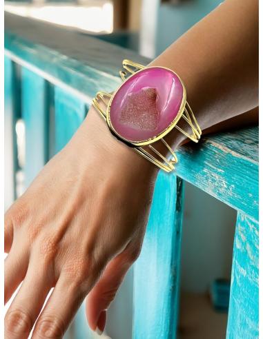 PULSERAS MUJER DORADAS BRAZALETE ANCHO PIEDRA ROSA | JOYAS INVITADA MADRINA