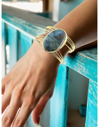 PULSERA DORADA BRAZALETE ANCHO PIEDRA LABRADORITA | JOYAS INVITADA MADRINA