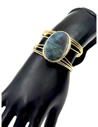 PULSERA DORADA BRAZALETE ANCHO PIEDRA LABRADORITA | JOYAS INVITADA MADRINA