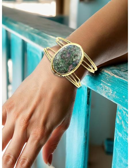 PULSERA DORADA BRAZALETE DE PIEDRA MORADA Y VERDE | JOYAS INVITADA MADRINA