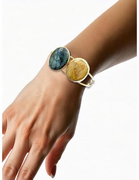 PULSERA MUJER DORADA PIEDRA AMARILLA Y LABRADORITA | JOYAS INVITADA MADRINA