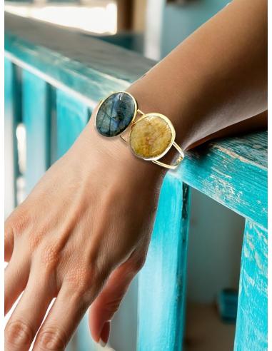 PULSERA MUJER DORADA PIEDRA AMARILLA Y LABRADORITA | JOYAS INVITADA MADRINA
