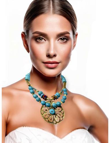 COLLARES DE PIEDRA TURQUESAS JOYAS AFRICA CON MEDALLON DORADO