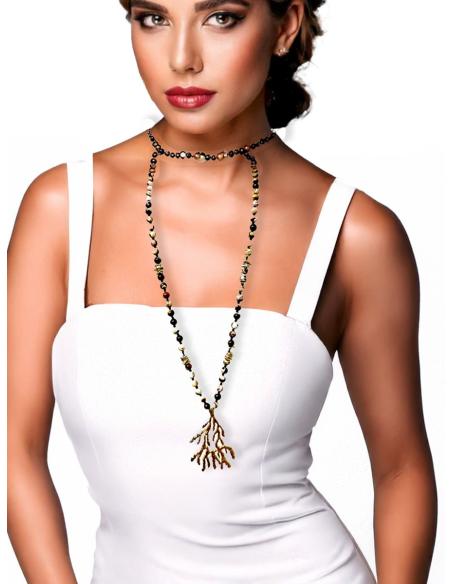 COLLARES MUJER LARGOS MARRONES DE PIEDRA CON COLGANTE DORADO