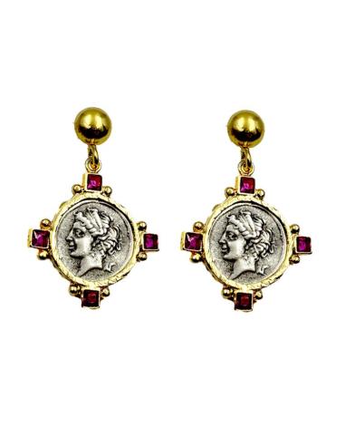 PENDIENTES MUJER DE MONEDAS Y DETALLES FUCSIAS | ALTA BISUTERIA
