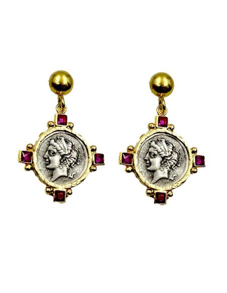 PENDIENTES MUJER DE MONEDAS Y DETALLES FUCSIAS | ALTA BISUTERIA