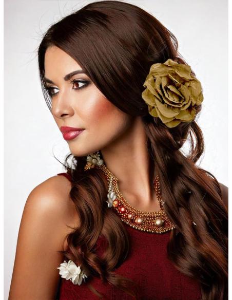 FLORES TELA CAMEL O MARRON CARAMELO DE BODA | BROCHE Y TOCADO