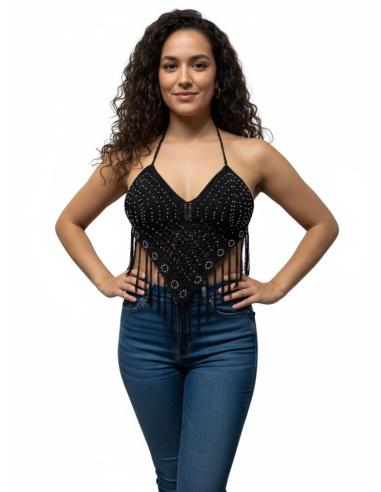 CORPIÑOS NEGROS DE FIESTA TOP FLECOS Y CROCHET | MODA MUJER