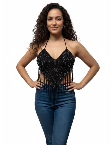 CORPIÑOS NEGROS DE FIESTA TOP FLECOS Y CROCHET | MODA MUJER