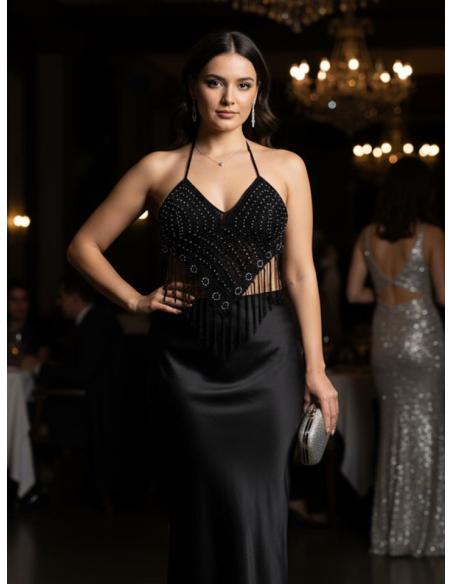 CORPIÑOS NEGROS DE FIESTA TOP FLECOS Y CROCHET | MODA MUJER