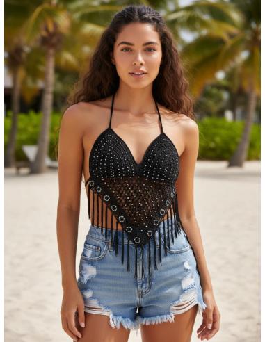 CORPIÑOS NEGROS DE FIESTA TOP FLECOS Y CROCHET | MODA MUJER