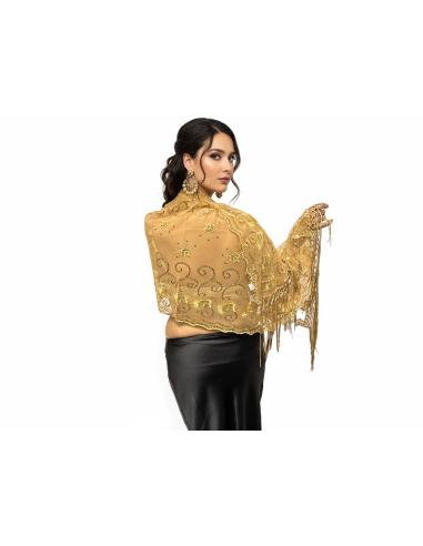 CHALES DE FIESTA DORADOS CON LENTEJUELAS Y FLECOS | INVITADA