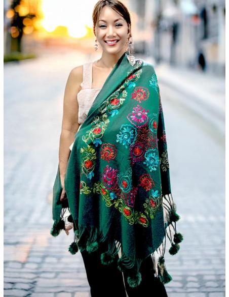 CHALES VERDES BOTELLA TIPO PASHMINA FLORAL | BUFANDAS MUJER