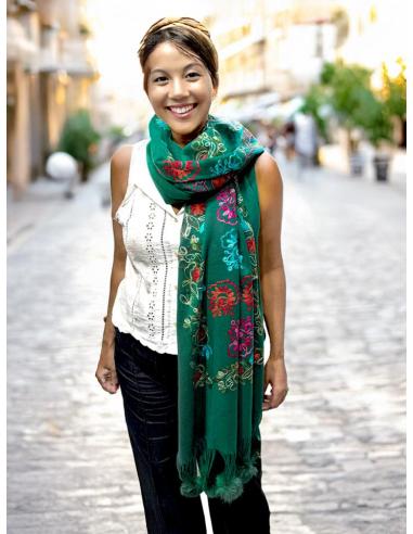 CHALES VERDES BOTELLA TIPO PASHMINA FLORAL | BUFANDAS MUJER