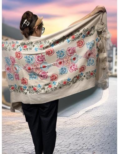 CHALES BEIGE TOSTADO TIPO PASHMINA FLORAL | BUFANDAS MUJER
