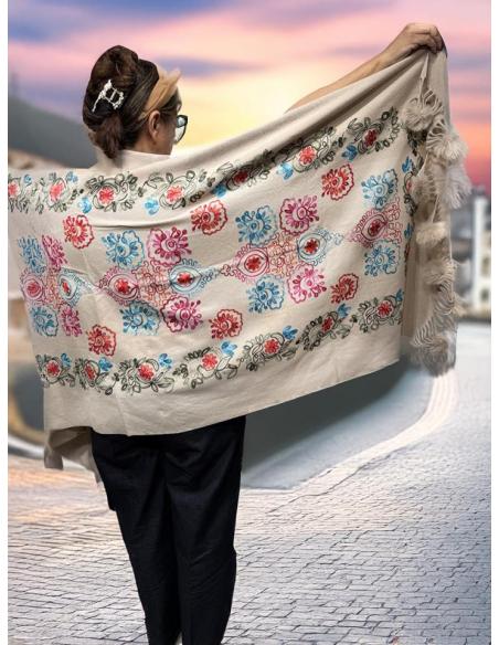 CHALES BEIGE TOSTADO TIPO PASHMINA FLORAL | BUFANDAS MUJER