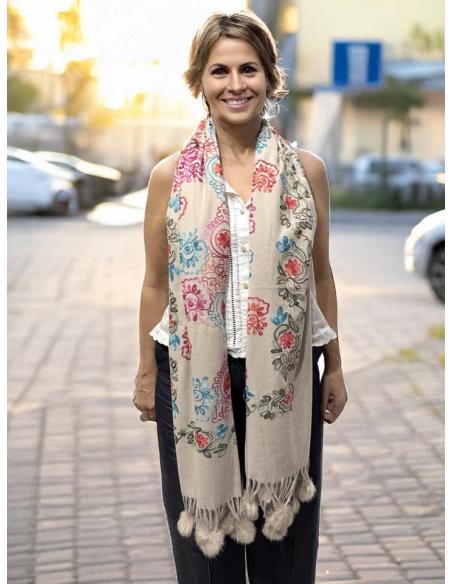 CHALES BEIGE TOSTADO TIPO PASHMINA FLORAL | BUFANDAS MUJER