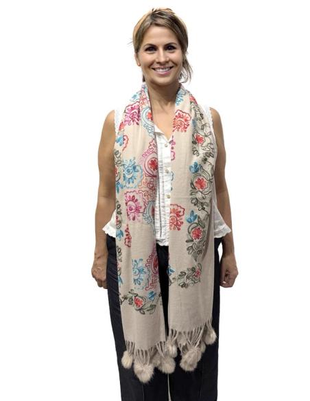 CHALES BEIGE TOSTADO TIPO PASHMINA FLORAL | BUFANDAS MUJER