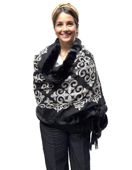 CHALES MUJER NEGROS CON BEIGE Y DETALLE PELO LARGO | BUFANDAS