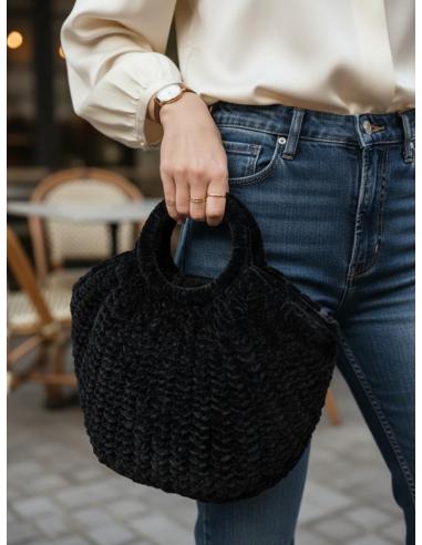 BOLSOS NEGROS DE ASA EN PUNTO CROCHET TERCIOPELO | MODA MUJER