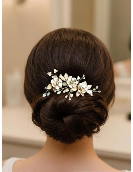 PEINETAS INVITADA DORADAS CON FLORECITAS Y CRISTAL | PEINAS NOVIA