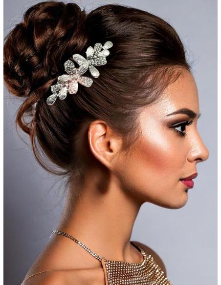 PEINETAS PLATEADAS CON FLORES Y DESTELLOS CRISTAL | PEINAS BODAS