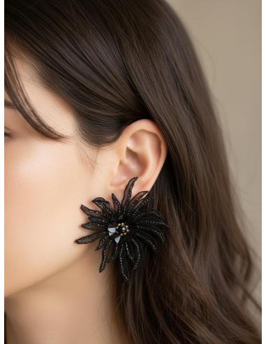 PENDIENTES NEGROS FLOR TELA PARA INVITADAS | PENDIENTES BODA