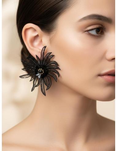 PENDIENTES NEGROS FLOR TELA PARA INVITADAS | PENDIENTES BODA