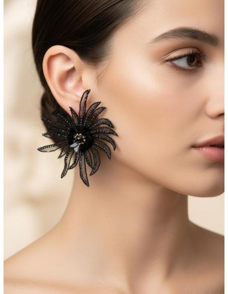 PENDIENTES NEGROS FLOR TELA PARA INVITADAS | PENDIENTES BODA