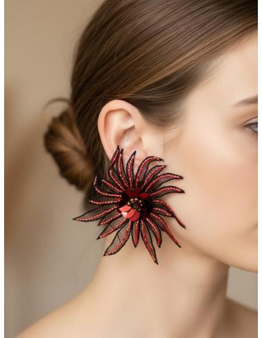 PENDIENTES GRANATES FLOR TELA PARA INVITADAS | PENDIENTES BODA