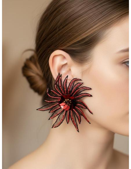 PENDIENTES GRANATES FLOR TELA PARA INVITADAS | PENDIENTES BODA