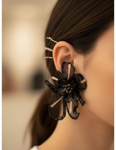 PENDIENTES INVITADA NEGROS FLOR ELEGANTE DE TELA | PENDIENTES BODA