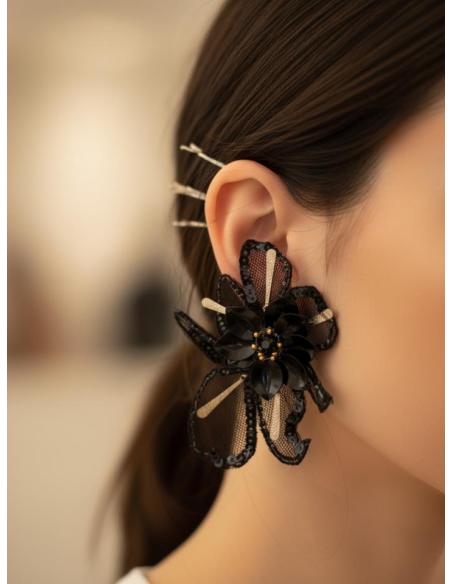 PENDIENTES INVITADA NEGROS FLOR ELEGANTE DE TELA | PENDIENTES BODA