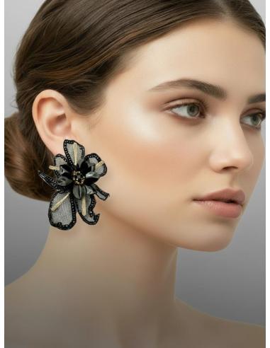 PENDIENTES INVITADA NEGROS FLOR ELEGANTE DE TELA | PENDIENTES BODA