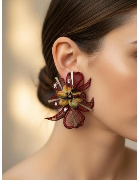 PENDIENTES INVITADA GRANATES FLOR ELEGANTE DE TELA | PENDIENTES BODA