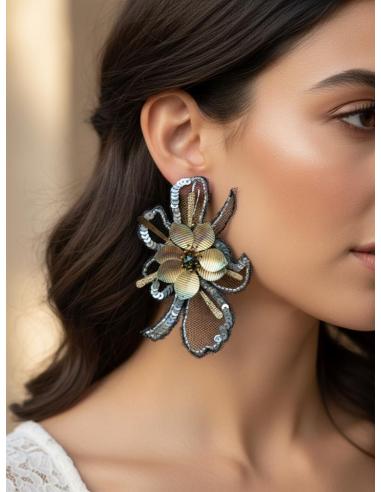 PENDIENTES INVITADA BODA GRIES PLATA FLOR TELA | PENDIENTES MUJER