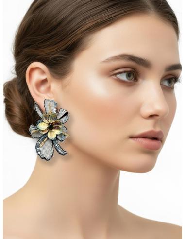 PENDIENTES INVITADA BODA GRIES PLATA FLOR TELA | PENDIENTES MUJER