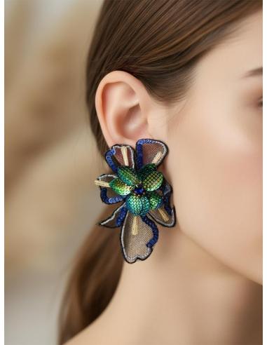 PENDIENTES INVITADA AZULONES FLOR DE TELA | PENDIENTES BODA