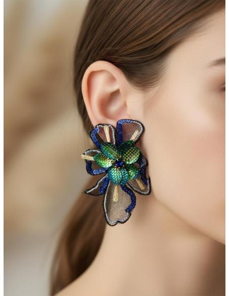 PENDIENTES INVITADA AZULONES FLOR DE TELA | PENDIENTES BODA