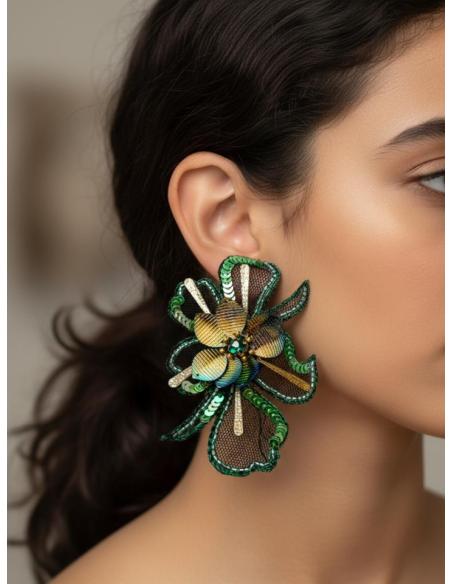 PENDIENTES INVITADA BODA VERDES FLOR DE TELA | PENDIENTES MUJER