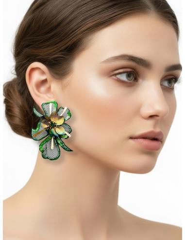 PENDIENTES INVITADA BODA VERDES FLOR DE TELA | PENDIENTES MUJER