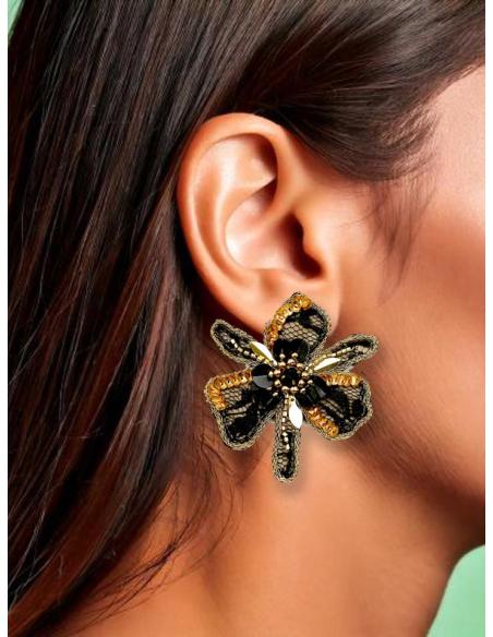 PENDIENTES NEGROS FLOR ORQUIDEA DE FIESTA Y BODA | PENDIENTES MUJER
