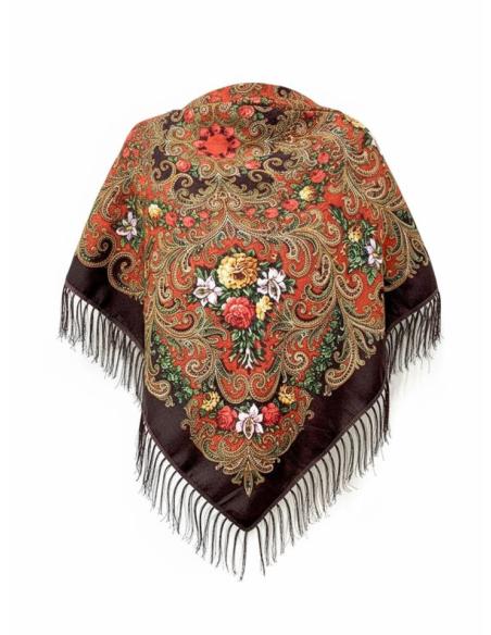 PAÑUELOS MARRONES ESTAMPADOS CON FLECOS | CHAL CUELLO Y CINTURA
