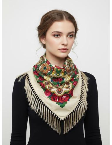 PAÑUELOS BEIGE ROTO CON ESTAMPADO Y FLECOS | CHAL CUELLO Y CINTURA