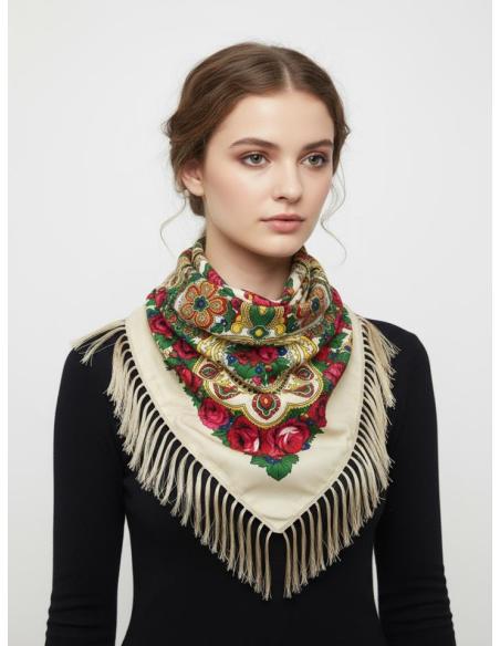 PAÑUELOS BEIGE ROTO CON ESTAMPADO Y FLECOS | CHAL CUELLO Y CINTURA