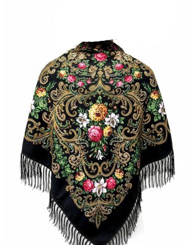 PAÑUELOS NEGROS CON ESTAMPADO VIBRANTE Y FLECOS | CHAL CUELLO Y CINTURA
