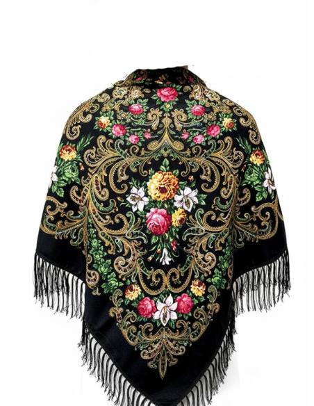 PAÑUELOS NEGROS CON ESTAMPADO VIBRANTE Y FLECOS | CHAL CUELLO Y CINTURA