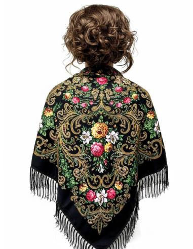 PAÑUELOS NEGROS CON ESTAMPADO VIBRANTE Y FLECOS | CHAL CUELLO Y CINTURA