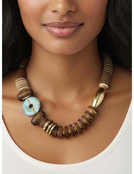 COLLARES MODA MARRONES DE MADERA CON TURQUESA | MODA MUJER