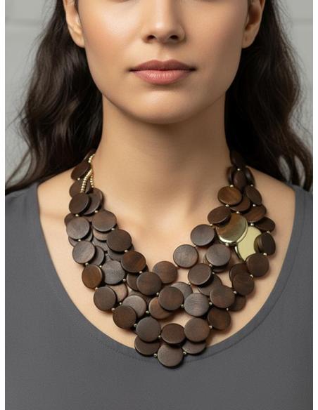 COLLARES MARRONES CORTOS DE MADERA VARIAS HILERAS | MODA MUJER
